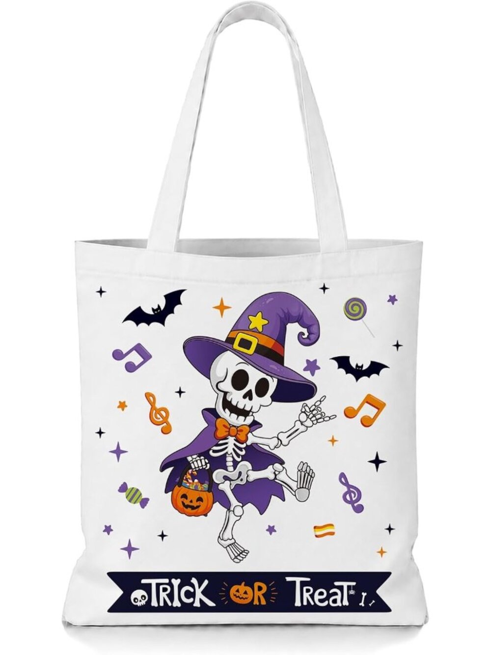 13.8" Halloween White Skeleton Tote Bag Large Reusable Canvas Trick Treat Bags